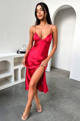 Jennifer Satin Midi Dress - Red